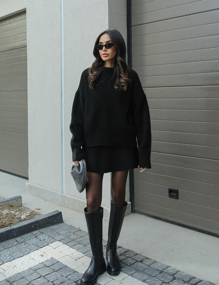 Gebreide set met top en rok zwart front view