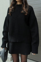 Gebreide set zwart met trui en rok front view