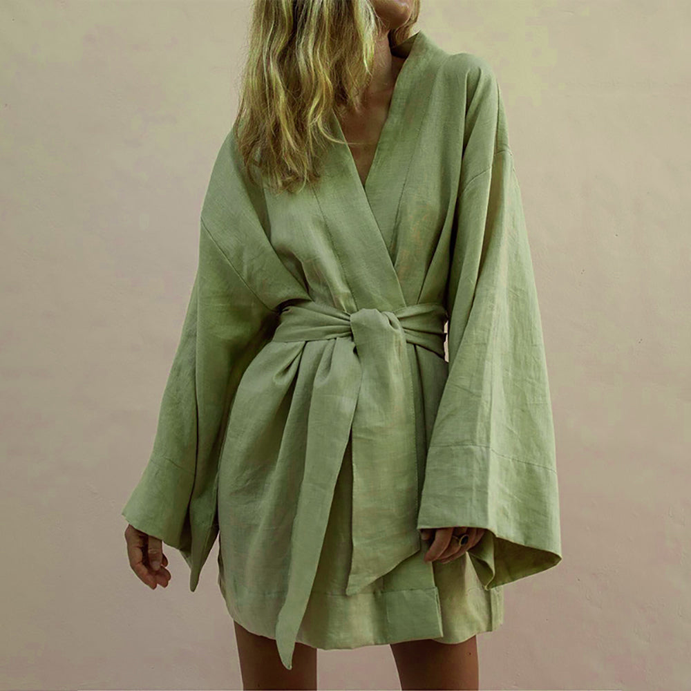 Linen blend robe with wide kimono sleeves and self-tie belt, front view