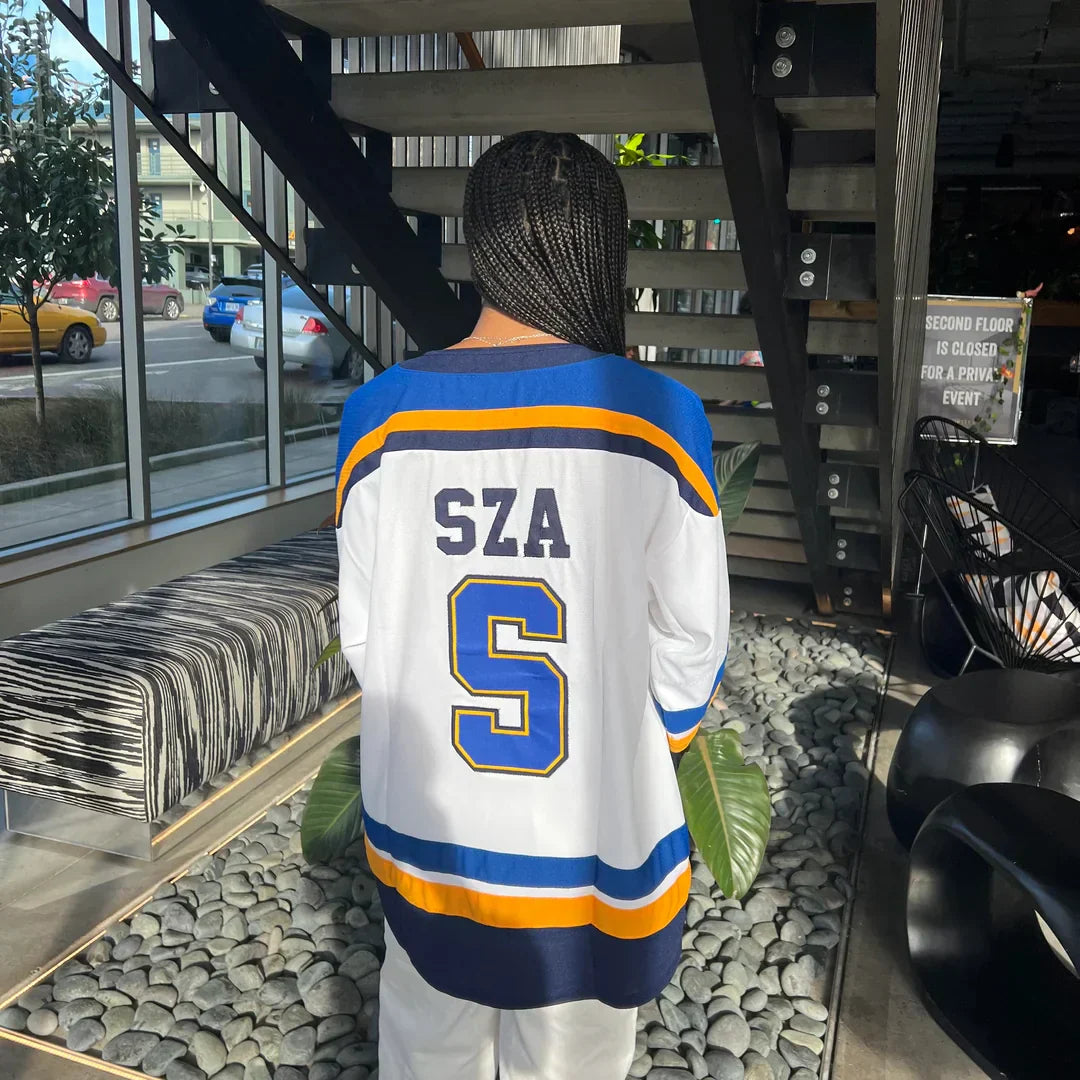 Sweatshirt with large 'SZA' and '5' on chest, blue and white, back view