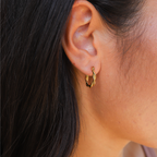 Gold hoop earrings worn on ear, side view