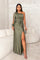 Avondjurk groen satijn one-shoulder met split front view