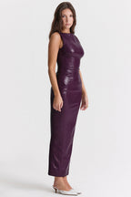 Purple faux leather bodycon maxi dress side view with hands at sides