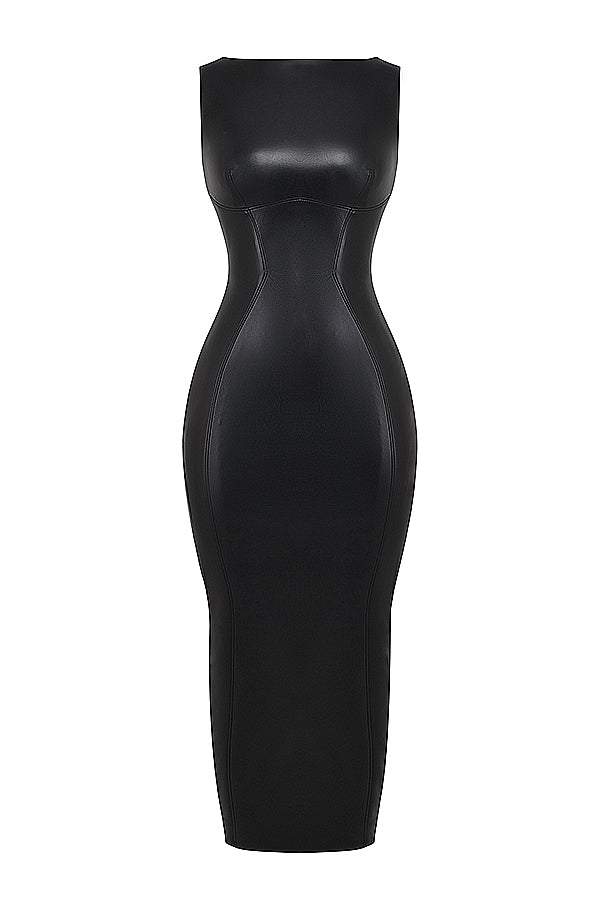 Black faux leather bodycon maxi dress front view on mannequin
