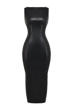 Black faux leather bodycon maxi dress front view on mannequin