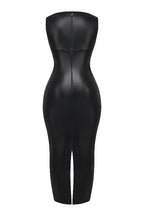 Black faux leather bodycon maxi dress back view on mannequin