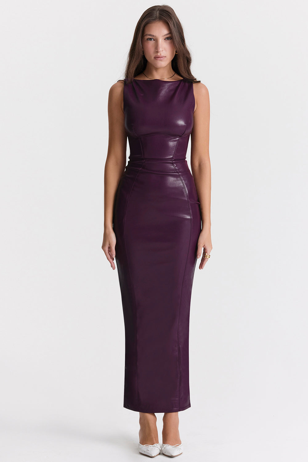 Purple faux leather bodycon maxi dress front view