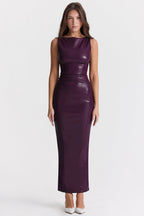 Purple faux leather bodycon maxi dress front view