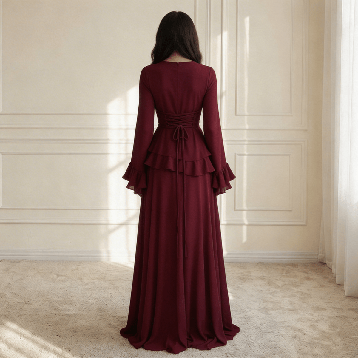 Dames Jurk Maxi Lange Mouwen Ruches – Vorana