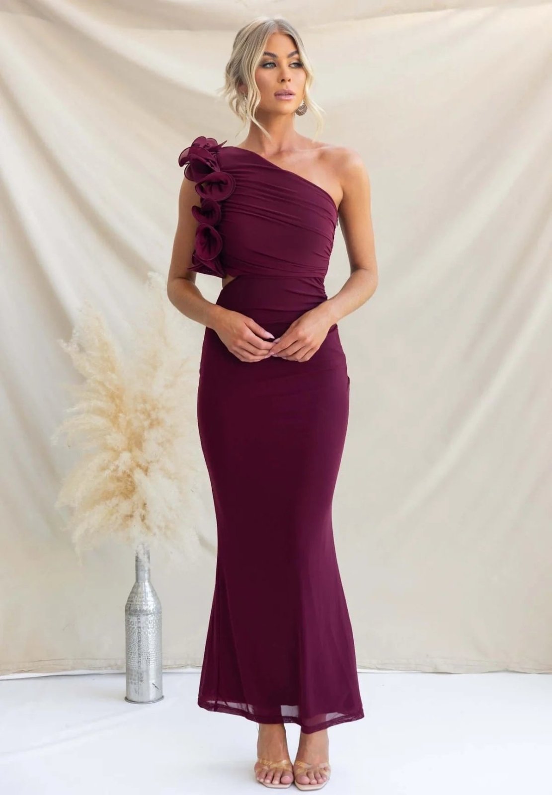 Dames Jurk Maxi One-Shoulder Ruche detail – Vorana