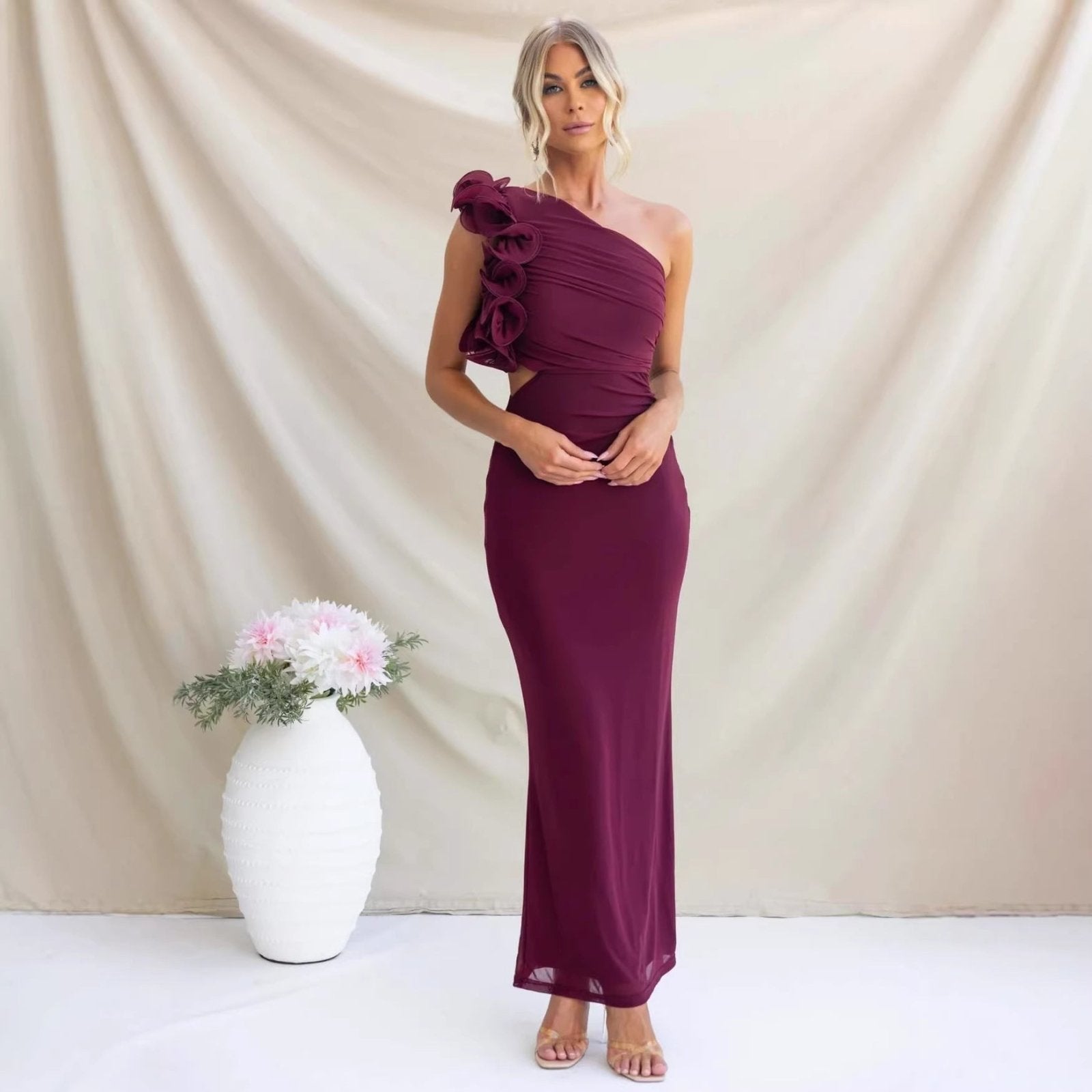 Dames Jurk Maxi One-Shoulder Ruche detail – Vorana