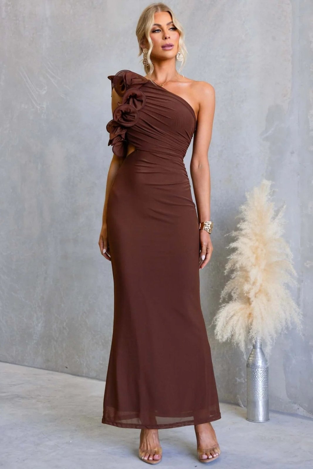 Dames Jurk Maxi One-Shoulder Ruche detail – Vorana