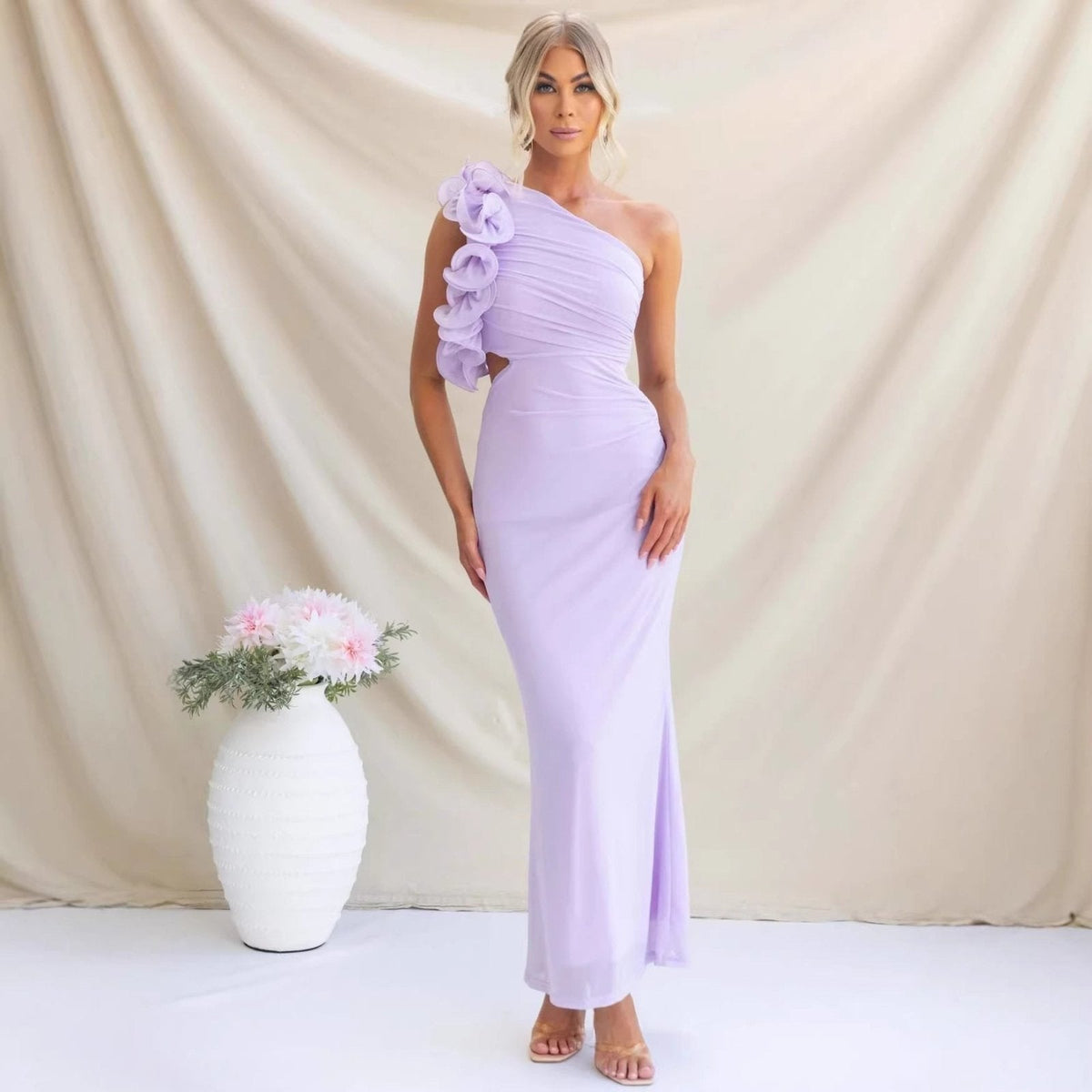 Dames Jurk Maxi One-Shoulder Ruche detail – Vorana