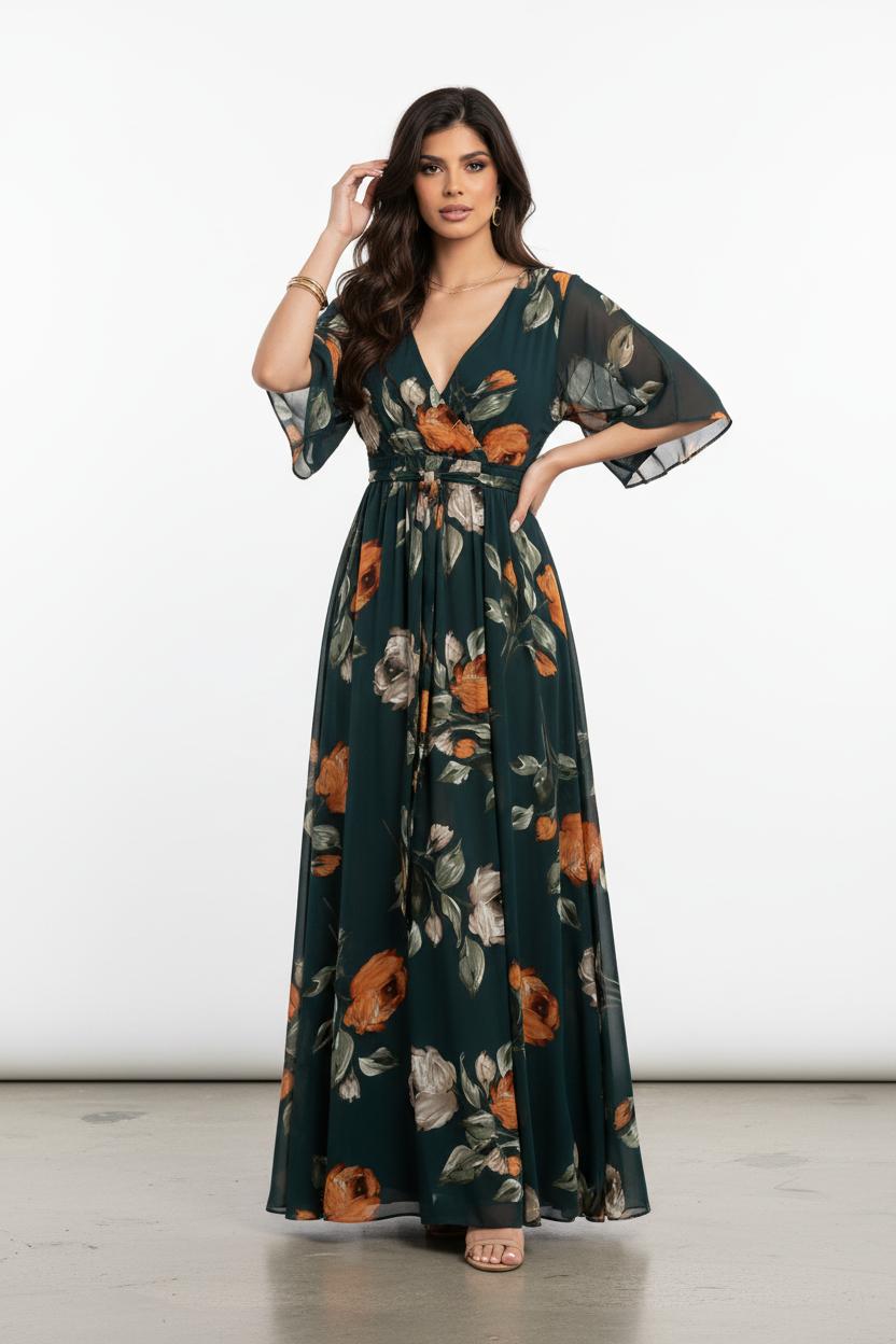Dames Jurk Maxi V-hals met getailleerde tailleband – Vorana