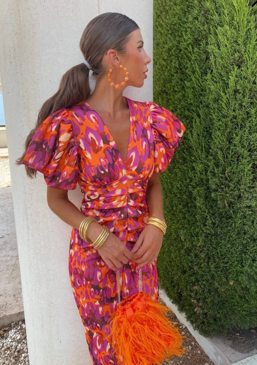 Dames Jurk Midi Bloemenprint Pofmouwen – Vorana