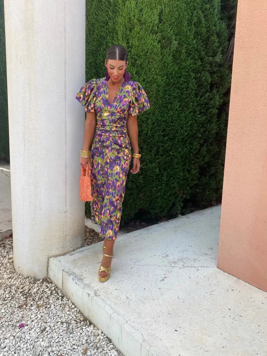 Dames Jurk Midi Bloemenprint Pofmouwen – Vorana