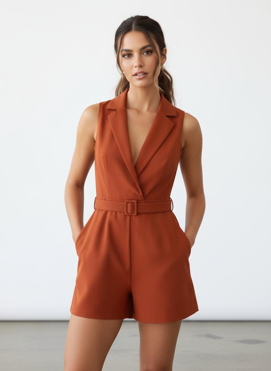 Dames Romper diepe V-hals en geriemd taille-detail – Vorana
