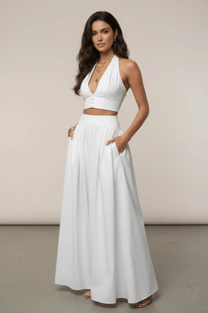 Dames Set V-hals Haltertop en Maxi rok – Vorana
