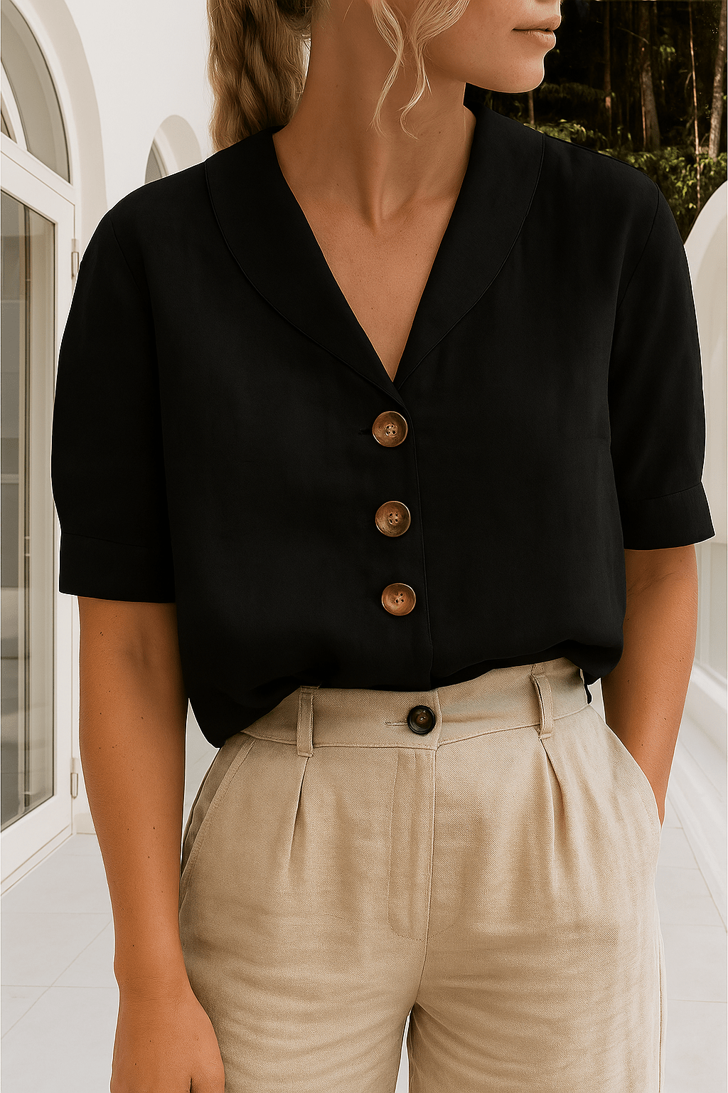 Dames T-Shirt O-hals knoopsluiting Pullover – Vorana