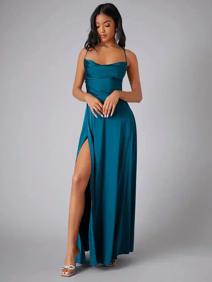 Jurk Dames Avond Maxi Split Open Rug Satijn – Vorana