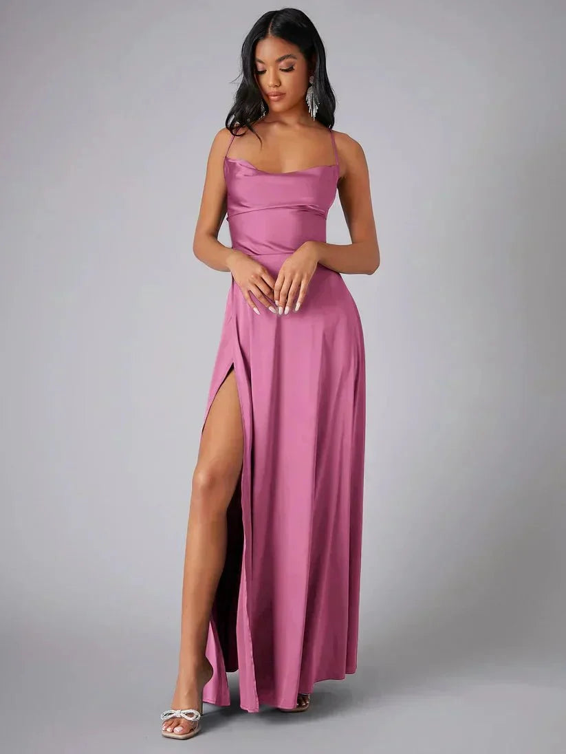 Jurk Dames Avond Maxi Split Open Rug Satijn – Vorana
