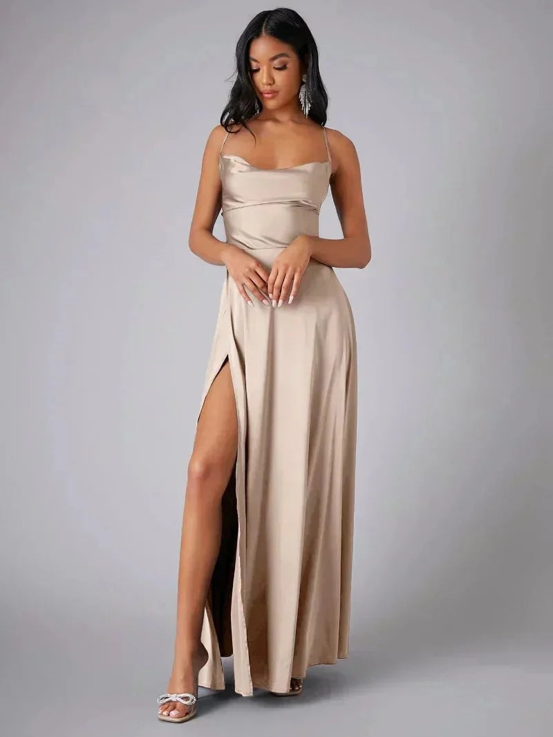 Jurk Dames Avond Maxi Split Open Rug Satijn – Vorana