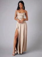 Jurk Dames Avond Maxi Split Open Rug Satijn – Vorana