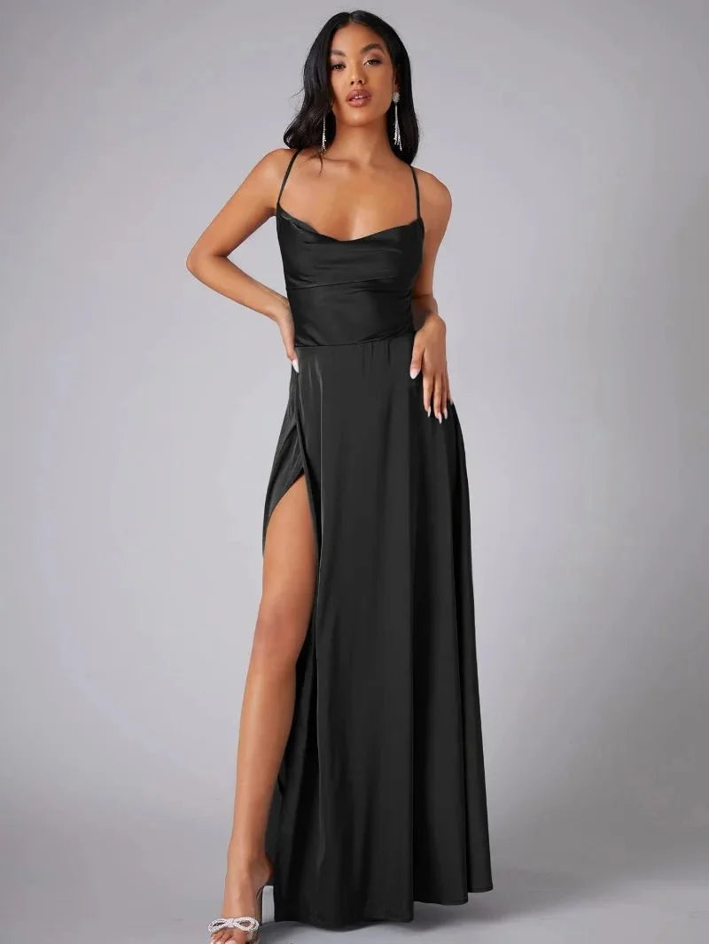 Jurk Dames Avond Maxi Split Open Rug Satijn – Vorana