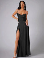 Jurk Dames Avond Maxi Split Open Rug Satijn – Vorana