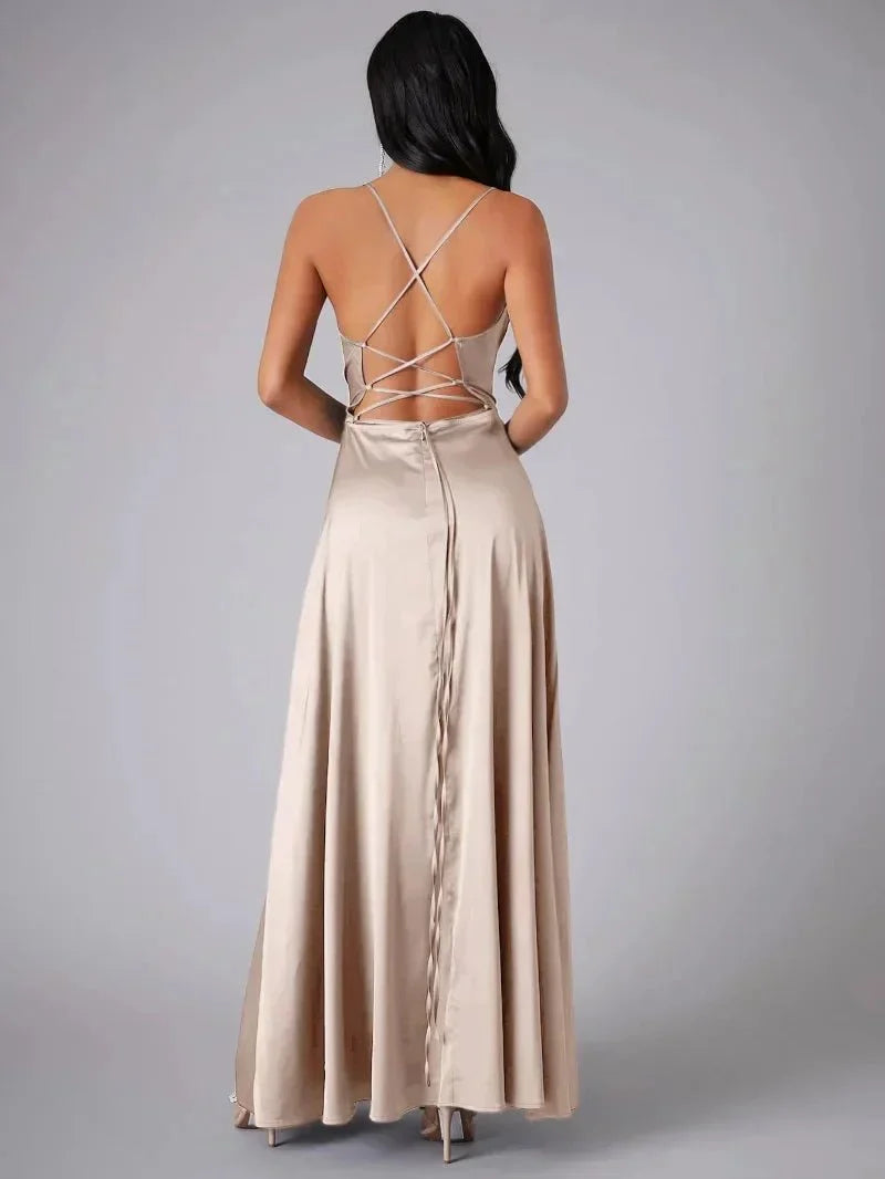 Jurk Dames Avond Maxi Split Open Rug Satijn – Vorana